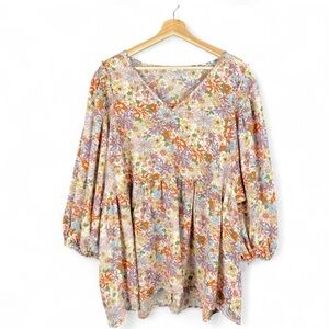 Entro 1X Floral Colorful Puff Sleeve Lightweight Cottage Peasant Boho Tunic Top